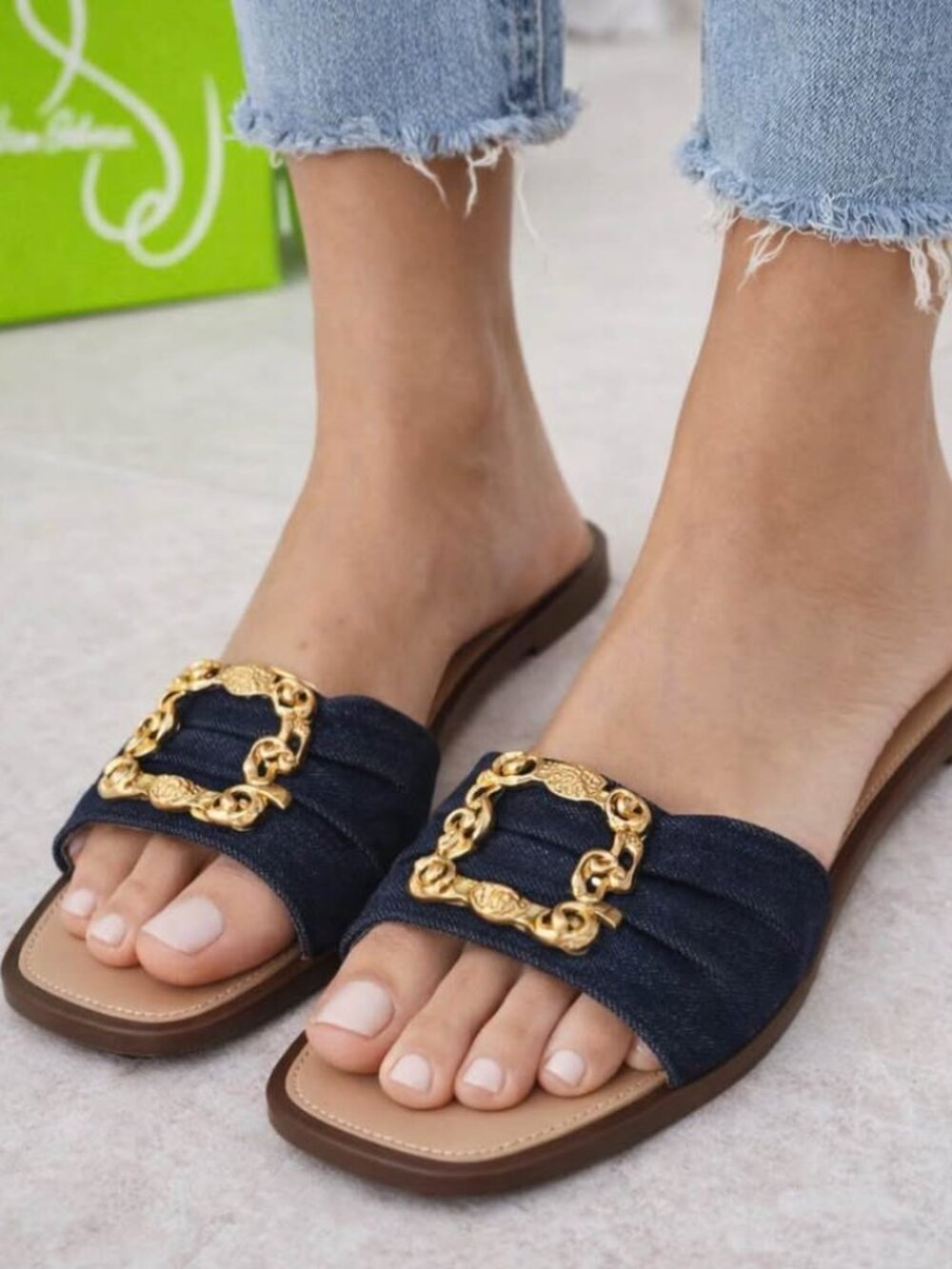 Sam Edelman Navy Denim Slide Sandals with Gold Buckle
